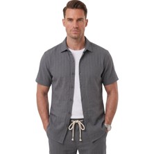 Rizzup Füme Slim Fit Çizgi Dokulu Keten Görünümlü Kısa Kol Erkek Spor Gömlek 2602648