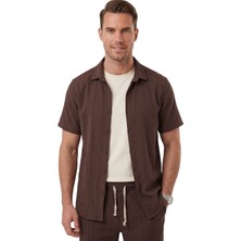 Rizzup Kahve Slim Fit Çizgi Dokulu Keten Görünümlü Kısa Kol Erkek Spor Gömlek 2602648