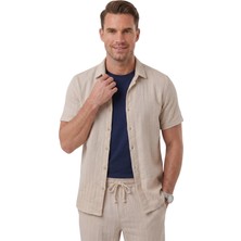 Rizzup Bej Slim Fit Çizgi Dokulu Keten Görünümlü Kısa Kol Erkek Spor Gömlek 2602648