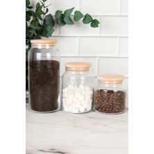 DNS Home 3'lü Ahşap Vakum Kapaklı Cam Kavanoz Saklama Kabı Baharatlık 1300 ml + 800 ml + 500 ml