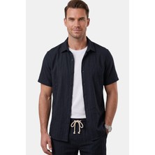 Rizzup Lacivert Slim Fit Çizgi Dokulu Keten Görünümlü Kısa Kol Erkek Spor Gömlek 2602648