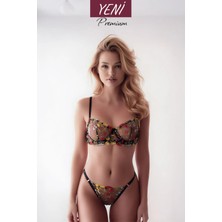 Valunor Floral Siyah Sarı Kadın İç Giyim Takımı Fantezi Dantelli Bralet & Tanga Takım