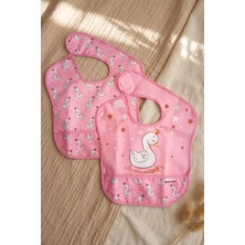 Swan Princess 2 Li Sıvı Geçirmez Mama Önlüğü Seti - Pembe Kuğu Desenli, Kırıntı Cepli ve Leke Tutmaz Bebek Önlüğü 0-12 Ay