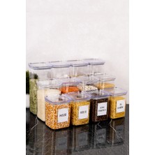 12'Li Mika Akrilik Set 1700-1200-900 Ml Etiketli Vakum Kapaklı Bakliyat Saklama Kabı Erzak Kavanozu