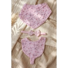 Flora Rose Pembe Çiçek Desenli 3 Lü Bebek Seti - Muslin Dokulu Bandana Önlük, Mama Önlüğü ve Fiyonk Saç Bandı
