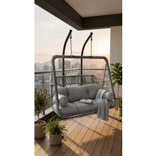 Demharis Çift Kişilik Gri Rattan Bahçe Salıncağı Minderli Balkon Teras Salıncağı