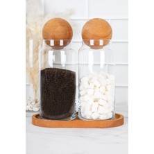 DNS Home 2'li Cam 800 ml Ahşap Top Kapaklı Ahşap Stantlı Cam Kavanoz Seti Saklama Kabı Seti