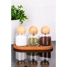 DNS Home 3'lü Cam Kavanoz Seti Ahşap Stantlı Ahşap Top Kapaklı Kavanoz Seti Baharatlık 300 ml
