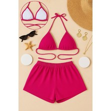 Kadın Fuşya Şortlu Belden ve Boyundan Bağlamalı Bikini Takımı