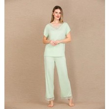 Mor AVM Closet Viskon Şık Tasarım Dantel Işlemeli Açık Yeşil Kısa Kol Pijama Takımı