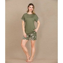 Mor AVM Closet Şık Tasarım Çiçek Desenli Yeşil Şortlu Kısa Kol Viskon Pijama Takımı