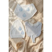 Aqua Drop 3 Lü %100 Pamuklu Jakarlı Bebek Aksesuar Seti - Mavi Yağmur Damlası Desenli Şapka ve Çift Önlük Takımı
