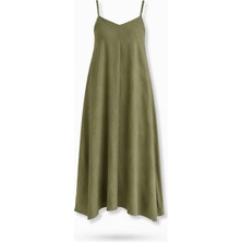 5in1Canpolat Olive Askılı Dökümlü Elbise 2975