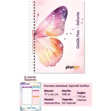 Plango Pembe Kelebek Spiralli Günlük Planlama Defteri - 100 Sayfa - 17X24 Planlayıcı Defter