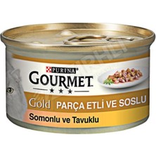 Gourmet Gold Parça Etli Soslu Somonlu ve Tavuklu Yetişkin Kedi Konservesi 85 gr
