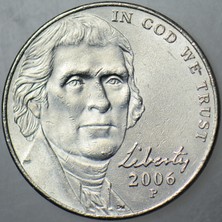 Banknoting Amerika 5 Cent 2006 P. Jefferson Nıckel. Çilaltı.