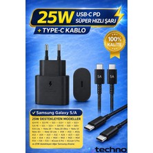 utechno 25W (Watt) Samsung Uyumlu Süper Hızlı Şarj Uyumlu Başlık | Type-C To Type-C Kablo Set Siyah A Serisi ve S Serisi Bütün Modeller S21 S22 S23 S24 A34 A35 A54 A55 A56