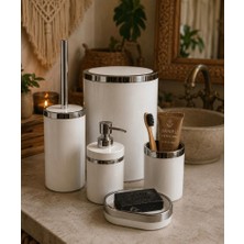 Hüco Bazaar Kaliteli Şık 5 Parça Mermer Desen Banyo Seti (Çöp Kovası, Wc Fırçalık, Diş Fırçalık, Sıvı-Katı Sabunluk)