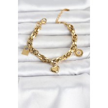 Inure Jewelry 316L Çelik Gold Renk Charmlı Kalın Burgu Model Kadın Bileklik