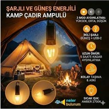 Byanes Şarjlı ve Güneş Enerjili 3 Modlu Amber Renk Asma Kancalı El Feneri
