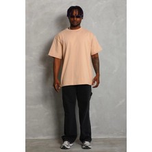 Medi Giyim Erkek Düz Yazlık Kısa Kol Tişört Bisiklet Yaka Oversize T-Shirt - Bej