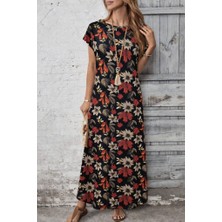 Gökyüzü Moda Kadın Kısa Kollu Bisiklet Yaka Çiçek Desenli Uzun Süprem Elbise