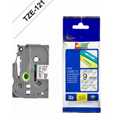 Puun Brother TZE-S121 9mm*8mt Şeffaf Üzerine Siyah Güçlü Yapışkanlı Laminasyonlu Muadil Etiket (Tze Tape)