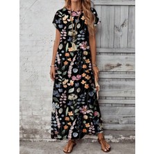 Alyn Wear Kadın Kısa Kollu Bisiklet Yaka Çiçek Desenli Uzun Süprem Elbise