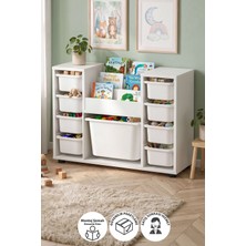 Bofigo 9 Sepetli Beyaz Oyuncak Dolabı Montessori Kitaplıklı Suntalam Malzeme 92x60 cm Modern Tasarım