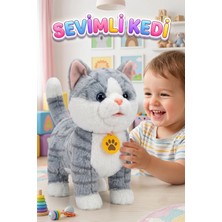 Farbu Oyuncak Sevimli Kedi Kumandalı Sesli Miyavlıyan Dil Çıkaran 5 Fonksiyonlu Oyuncak Peluş Hayvan Beyaz Gri