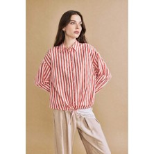 DeFacto %100 Pamuk Relax Fit Çizgili Vual Uzun Kollu Kırmızı Tunik H5534AX26HS