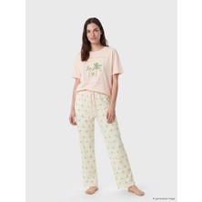 Lcw Dream Ekru Bisiklet Yaka Baskılı Kadın Pijama Takımı