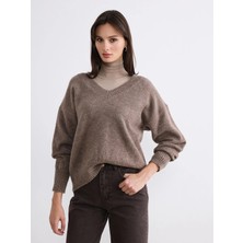 Lcw Vision Bej V Yaka Oversize Kadın Triko Kazak