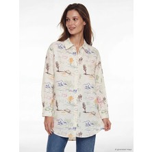 Lcw Modest Ekru Desenli Oversize Kadın Gömlek Tunik