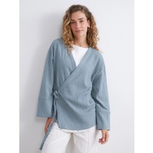Lcw Modest Mavi Kruvaze Yaka Dokulu Oversize Kadın Kimono