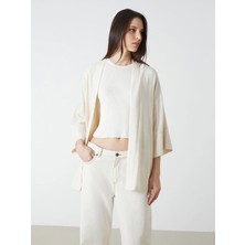 Lcw Vision Bej Şal Yaka Düz Oversize Keten Görünümlü Kadın Kimono