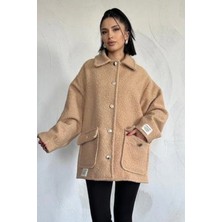 Ded Collection Kadın Cep Kapaklı Düğme Detaylı Yumoş Kumaş Astarlı Teddy Tarz Oversize Kaban Ceket