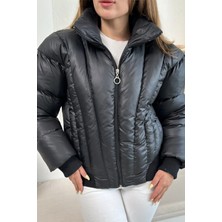 Ded Collection Kadın Parlak Kumaş Kısa Boy Yüksek Yaka Fermuarlı Trend Şişme Mont