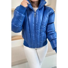 Ded Collection Kadın Parlak Kumaş Kısa Boy Yüksek Yaka Fermuarlı Trend Şişme Mont