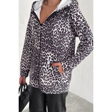 Ded Collection Kadın Leopar Desenli Kapüşonlu Fermuarlı Cep Detaylı Şardonlu Trend Hırka
