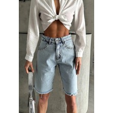 Ded Collection Kadın Taşlı Midi Boy Kot Şort