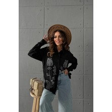 Ded Collection Kadın Nakışlı Keten Oversize Uzun Kollu Gömlek