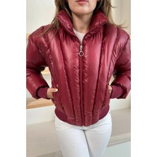 Ded Collection Kadın Parlak Kumaş Kısa Boy Yüksek Yaka Fermuarlı Trend Şişme Mont