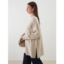 Lcw Modest Ekru Dik Yaka Oversize Kadın Triko Tunik