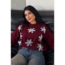Ded Collection Kadın Renkli Çiçek Nakışlı Bisiklet Yaka Yumuşak Dokulu Triko Kazak