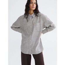 Lcw Modest Kahverengi Çizgili Oversize Poplin Kadın Gömlek Tunik