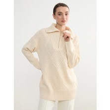 Lcw Modest Bej Polo Yaka Baklava Desenli Kadın Triko Tunik