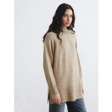 Lcw Modest Bej Balıkçı Yaka Oversize Kadın Triko Tunik