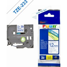 Puun Brother TZE-S233 12MM*8MT Beyaz Üzerine Mavi Güçlü Yapışkanlı Laminasyonlu Muadil Etiket (Tze Tape)