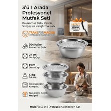 Hobilinka 3'ü 1 Arada Profesyonel Mutfak Seti - Paslanmaz Çelik Rende, Süzgeç ve Karıştırma Kabı (27 C